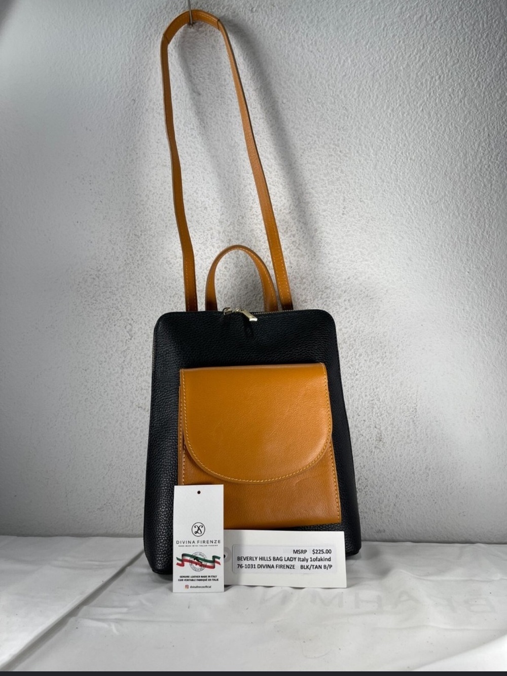 Divina Firenze Two-Tone Leather Backpack in Black & Tan